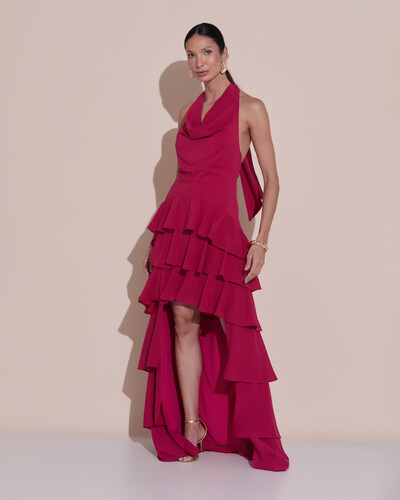 Foto Vestido De Festa Longo Frente Única Degagê Crepe Chiffon Babados Mullet Cereja