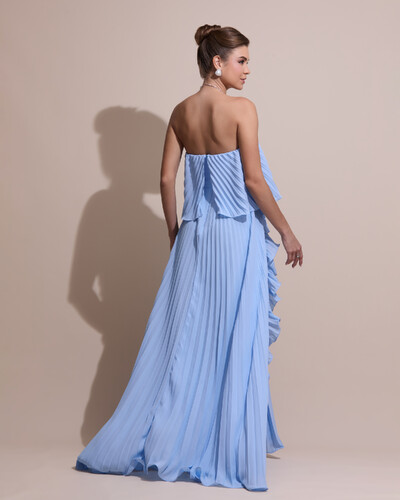 FotoVestido de Festa Longo Crepe Chiffon Tomara que Caia Plissado com Babado Cascata Serenity