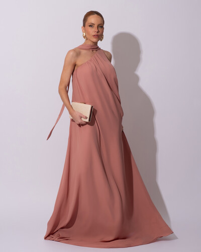 Foto Vestido de Festa Longo Crepe Fluido um Ombro Só com Lenço Rose