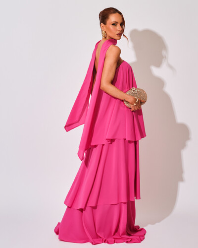 FotoVestido de Festa Longo Chiffon Crepe em Camadas com Lenço Pink
