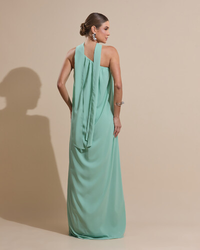 Foto Vestido de Festa Longo Crepe Fluido um Ombro Só com Lenço Verde Menta