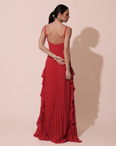 FotoVestido de Festa Longo Crepe Chiffon Alça Fina Saia Plissada com Babado Cascata Vermelho