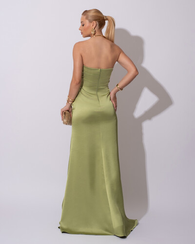 FotoVestido de Festa Longo Cetim Alfaiataria Tomara que Caia Fenda Verde Pistache