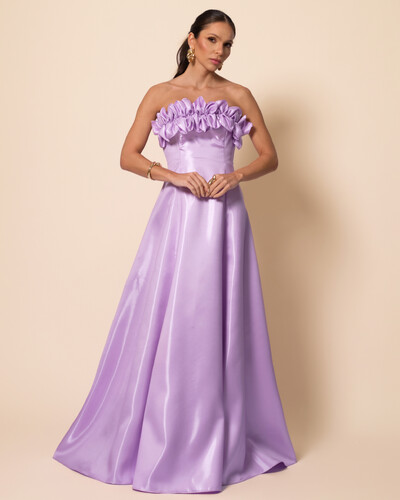 Foto Vestido de Festa Longo Cetim Cristal Tomara que Caia com Flor 3D Lilás