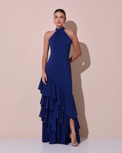Foto Vestido de Festa Longo Chiffon Crepe Gola Alta Babados Azul Marinho