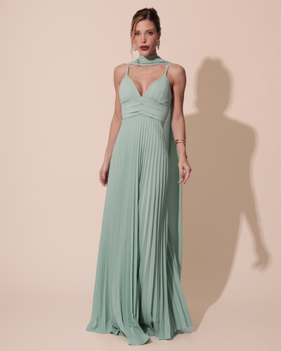 Foto Vestido de Festa Longo Plissado Crepe Chiffon com Alça e Lenço Menta