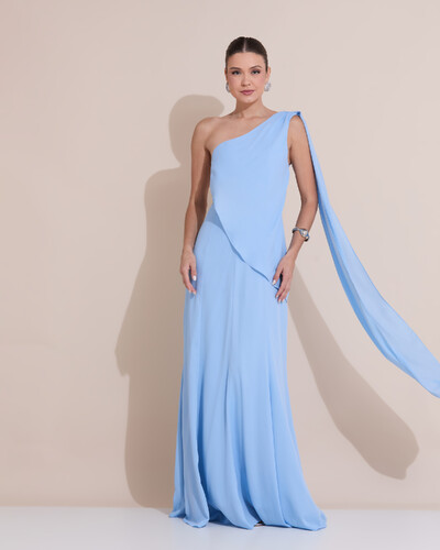 Foto Vestido de Festa Longo Um Ombro Só Crepe Chiffon Lenço Serenity