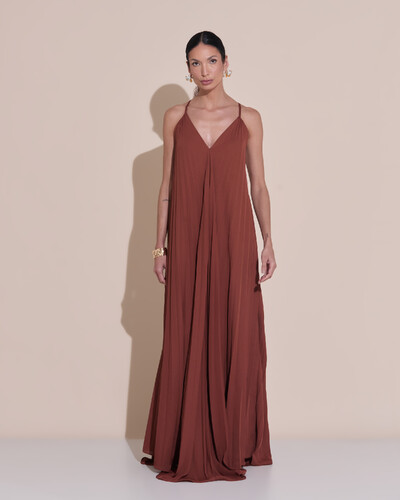 Foto Vestido de Festa Longo Plissado Crepe Chiffon Decote V Alças Finas Marrom New