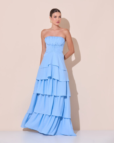 Foto Vestido De Festa Longo Tomara que Caia Drapeado Crepe Chiffon Babado Camadas Serenity