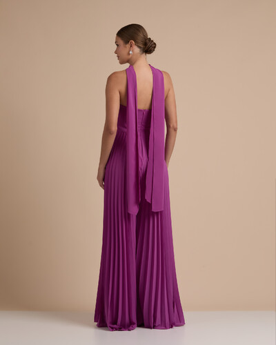 FotoMacacão de Festa Longo Crepe Chiffon Tomara que Caia Plissado com Lenço Fúcsia