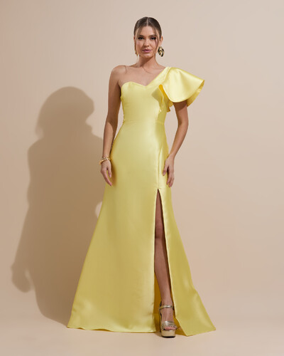 Foto Vestido de Festa Longo um Ombro Tomara que Caia Zibeline Amarelo Manteiga