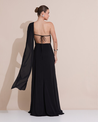 Foto Vestido de Festa Longo Um Ombro Só Crepe Chiffon Lenço Preto