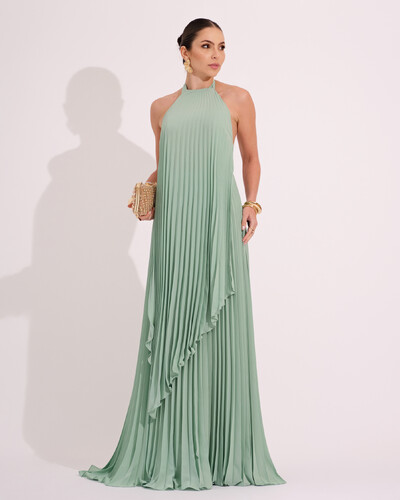 Foto Vestidos de Festa Longo Chiffon Fluido Frente Única Plissado Duplo Verde Menta