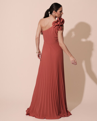 FotoVestido de Festa um Ombro Só Flor Saia Plissado Terracota