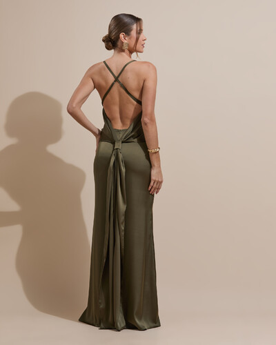 FotoVestido de Festa Longo Costas Abertas Laço Cetim Decote V Verde Oliva
