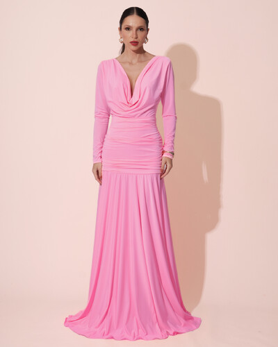 Foto Vestido de Festa Longo Malha Degagê Drapeado Manga Longa Rosa New