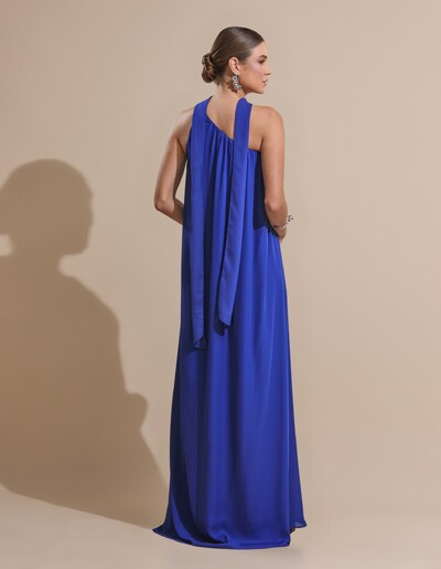 Foto Vestido de Festa Longo Crepe Fluido um Ombro Só com Lenço Azul Royal
