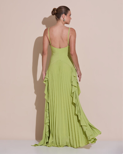 Foto Vestido de Festa Longo Crepe Chiffon Alça Fina Saia Plissada com Babado Cascata Verde Claro