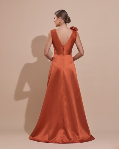 Foto Vestido de Festa longo Zibeline Decote em V com Flores Removivel Terracota