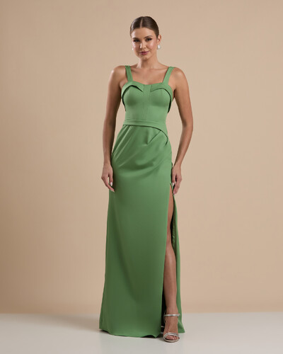Foto Vestido de Festa Longo Alfaiataria Decote Coração com Alças e Fenda Verde Matcha