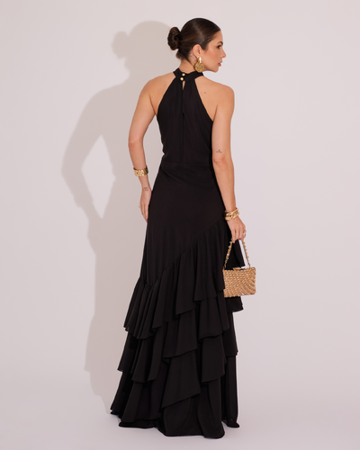 FotoVestido de Festa Longo Decote Halter com Babados Preto