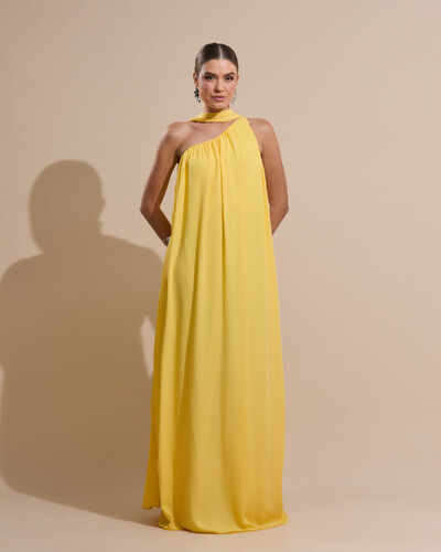 Foto Vestido de Festa Longo Crepe Fluido um Ombro Só com Lenço Amarelo