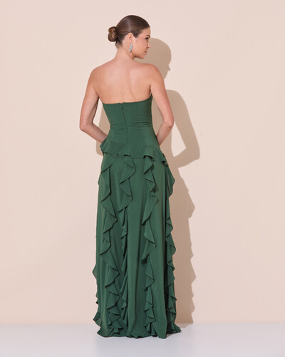 Foto Vestido de festa Longo Tomara que Caia Crepe Chiffon com Babados Cascata e Fenda Verde Escuro New