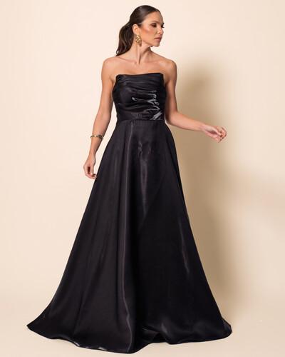 Foto Vestido de Festa Longo Cetim Cristal Tomara que Caia Drapeado Preto