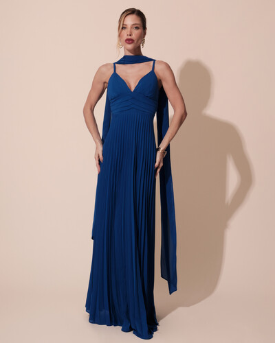 Foto Vestido de Festa Longo Plissado Crepe Chiffon com Alça e Lenço Azul