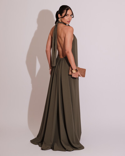 FotoVestido Longo Crepe Chiffon Frente Única Fluido Flor Removível Verde Oliva