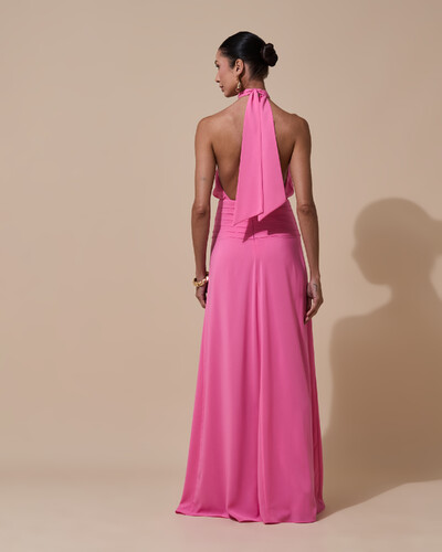 Foto Vestido de Festa Longo Frente Única Busto Blousê Crepe Chiffon Drapeado Rosa