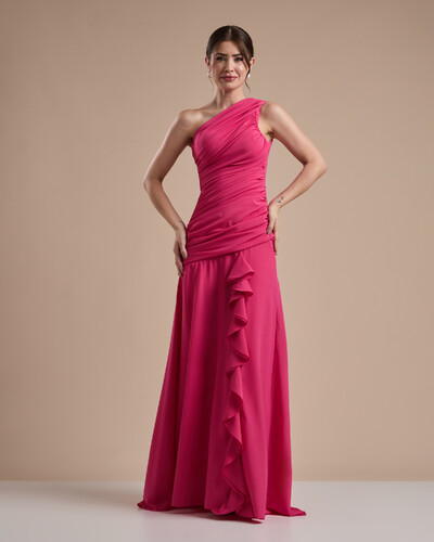 Foto Vestido de Festa Longo Crepe Chiffon Um Ombro Só Drapeado com Babado Cascata Pink New