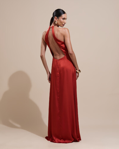 Foto Vestido de Festa Longo Cetim Fluido com Argola Frente Única Terracota
