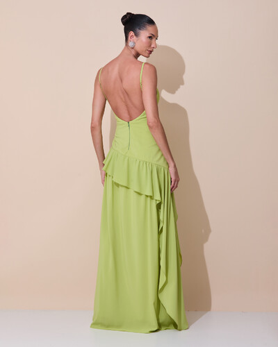 Foto Vestido de Festa Longo Decote Drapeado Crepe Chiffon Fenda Babado Camadas Verde Claro