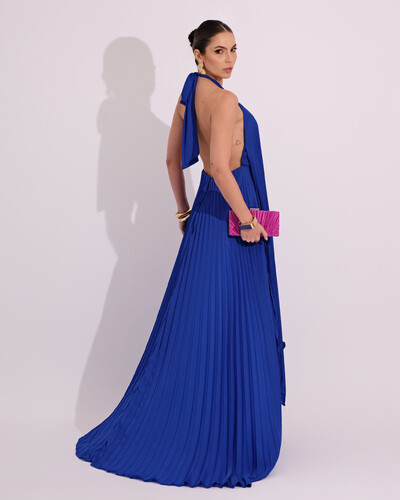 FotoVestidos de Festa Longo Chiffon Fluido Frente Única Plissado Duplo Azul Royal