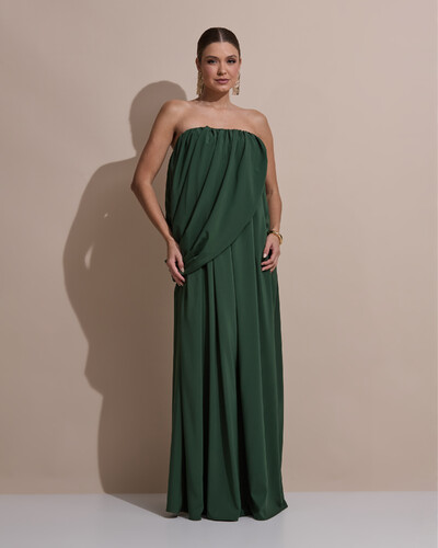 Foto Vestido de Festa Longo Tomara Que Caia Crepe Chiffon Drapeado Verde Militar