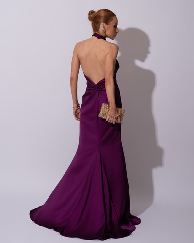 FotoVestido de Festa Longo em Cetim Alfaiataria com Elastano Frente Única Roxo