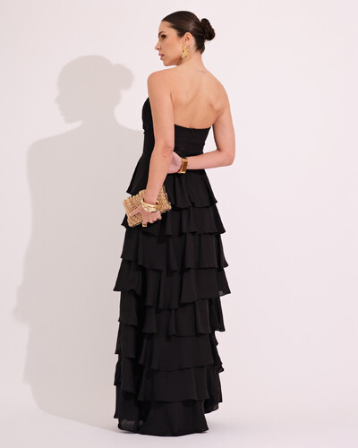 FotoVestido Longo Crepe Chiffon Tomara que Caia Plissado em Camadas Preto