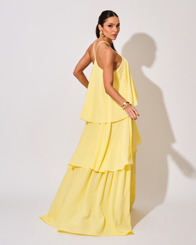 FotoVestido Longo Crepe Chiffon Babado em Camadas Amarelo Manteiga