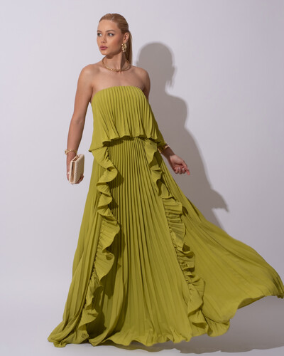 Foto Vestido de Festa Longo Crepe Chiffon Tomara que Caia Plissado com Babado Cascata Verde Pistache