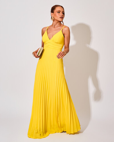 Foto Vestido de Festa Longo Plissado Crepe Chiffon com Alça Amarelo