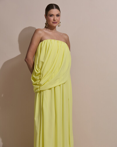 Foto Vestido de Festa Longo Tomara Que Caia Crepe Chiffon Drapeado Amarelo Manteiga