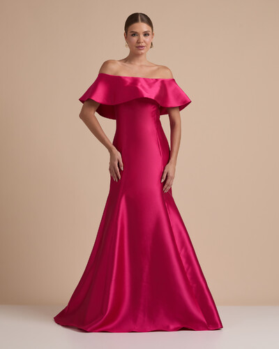 Foto Vestido de Festa Longo Zibeline Ombro a Ombro com Babado Pink New