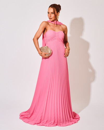 Foto Vestido de Festa Longo Tomara que Caia Plissado com Lenço Rosa
