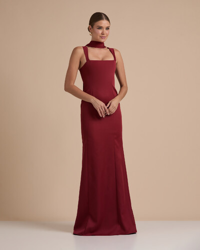 Foto Vestido de Festa Longo Alfaiataria Alça Larga e Lenço Marsala