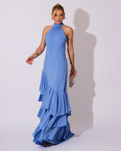 Foto Vestido de Festa Longo Chiffon Crepe Gola Alta Babados Serenity