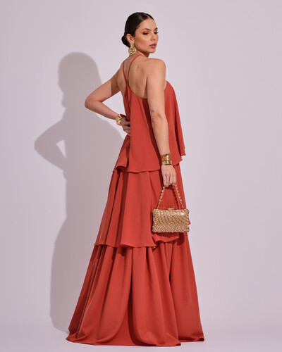 FotoVestido Longo Babado em Camadas Terracota