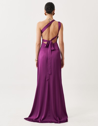 FotoVestido de Festa Longo Cetim Fluido Um Ombro Só Amarração Costas Roxo