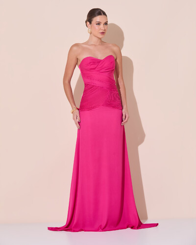 Foto Vestido de Festa Longo Decote Coração Crepe Chiffon Drapeado Plissado Lenço Pink Escuro