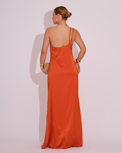 FotoVestido de Festa Longo em Cetim Fluido um Ombro Só Terracota